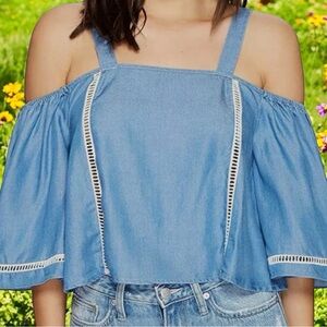 Lovers + Friends Denim Tencel Blue Cold Shoulder Casual Crop Top Blouse Small